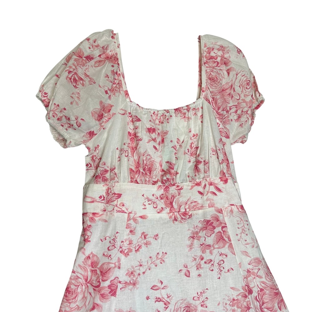 Pink Cottagecore Floral Toile Midi Dress Cotton Linen Puff Sleeve Smocked Back - Picture 4 of 7